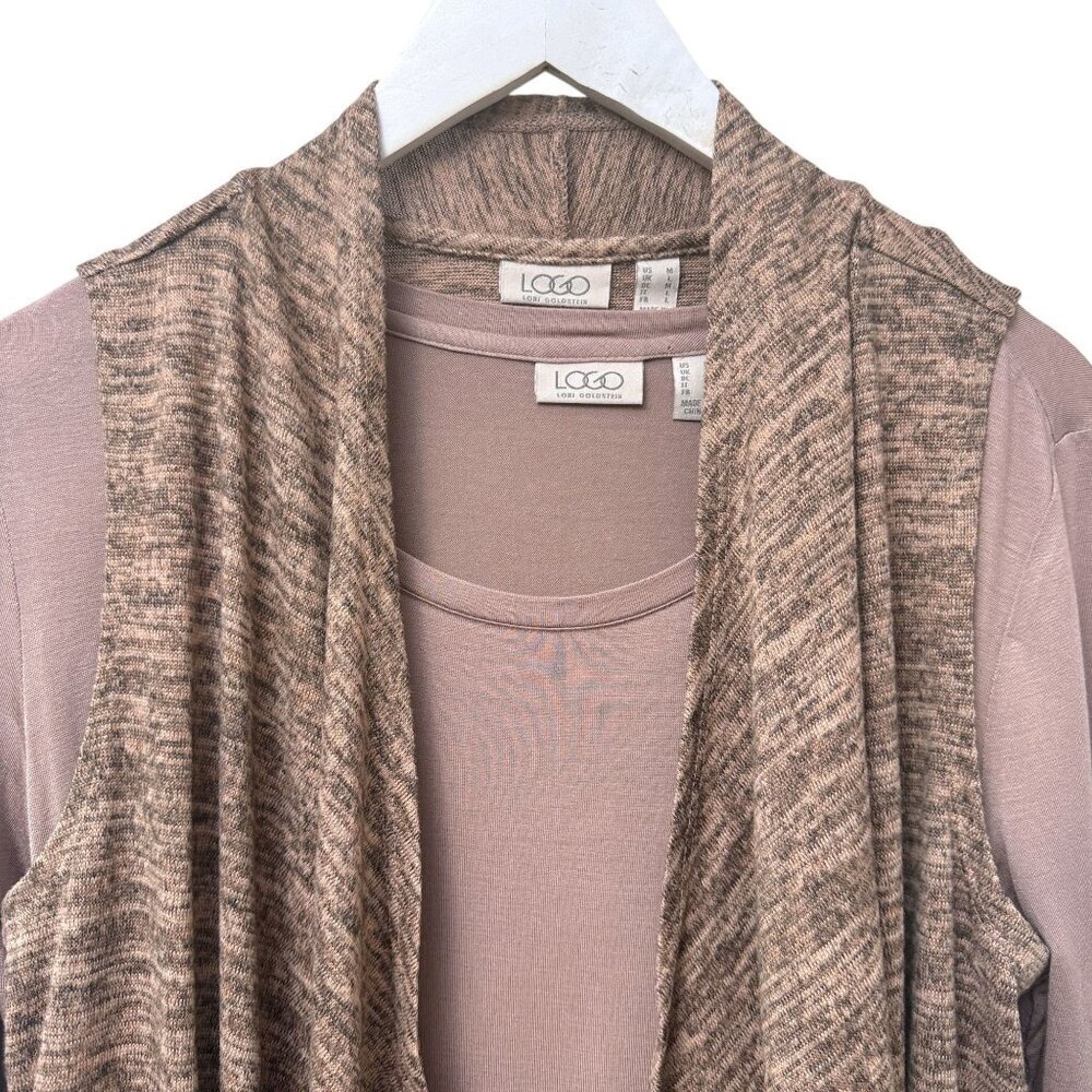LOGO Lori Goldstein Vest & Tee Set Medium Pink Stretch Casual Boho Womens Top - Picture 3 of 10